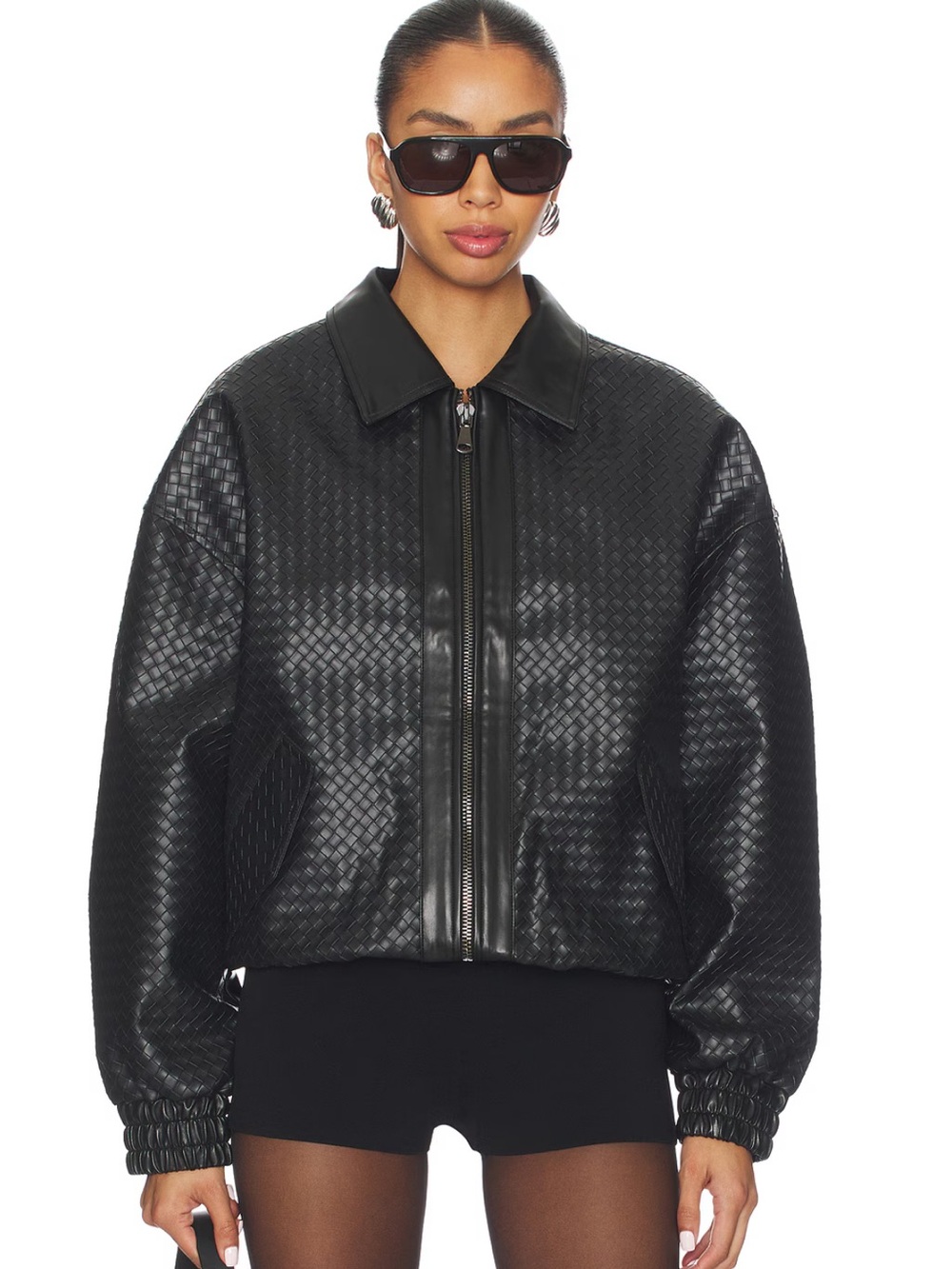 Lioness Black Woven Faux Leather Bomber Jacket